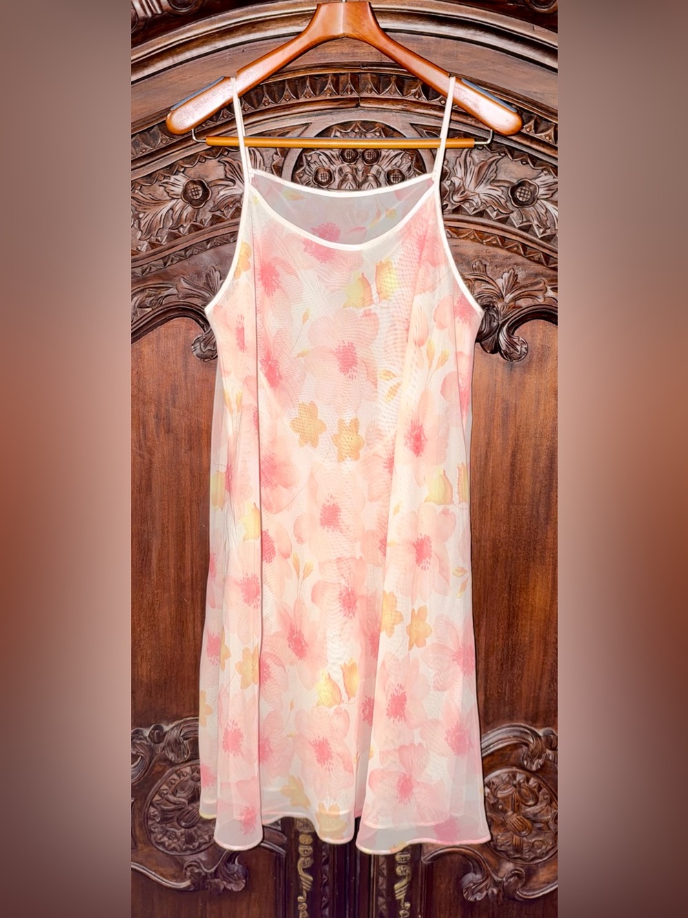 Vintage 80s/90s Floral Sheer Nightgown Slip Dress Pastel Pink Valerie Stevens XL